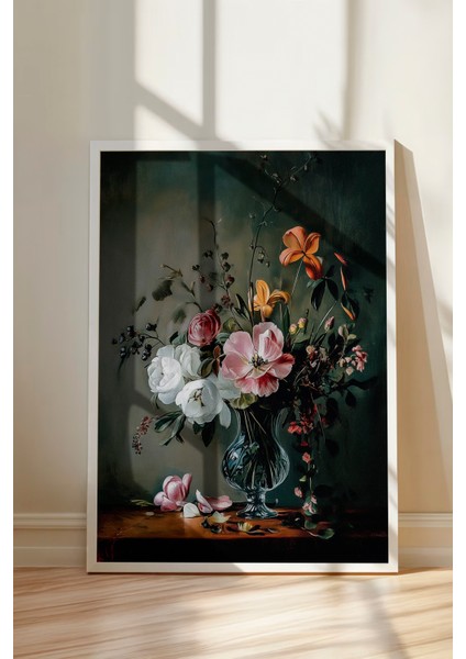 Beyaz Çerçeveli Tablo, Siyah Zemin Zarif Çiçek Deseni, Yatak Odası Dekoru Poster No: 108924 modelleri