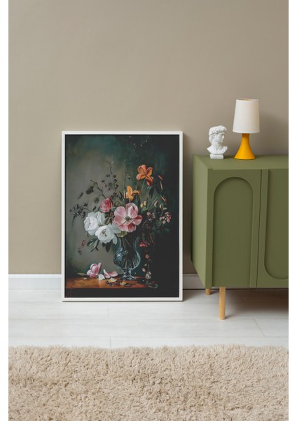 Beyaz Çerçeveli Tablo, Siyah Zemin Zarif Çiçek Deseni, Yatak Odası Dekoru Poster No: 108924 fırsatları