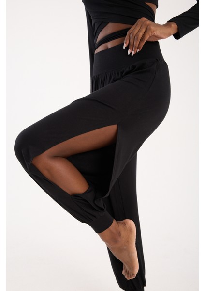 Siyah Viskon Beli Lastikli Yandan Yırtmaçlı Dökümlü Şalvar Pantolon Kadın Günlük Bohem Tarz (M)