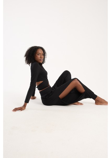 Siyah Viskon Beli Lastikli Yandan Yırtmaçlı Dökümlü Şalvar Pantolon Kadın Günlük Bohem Tarz (M) fiyatları