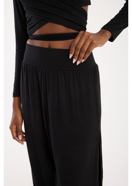 Siyah Viskon Beli Lastikli Yandan Yırtmaçlı Dökümlü Şalvar Pantolon Kadın Günlük Bohem Tarz (M) modelleri