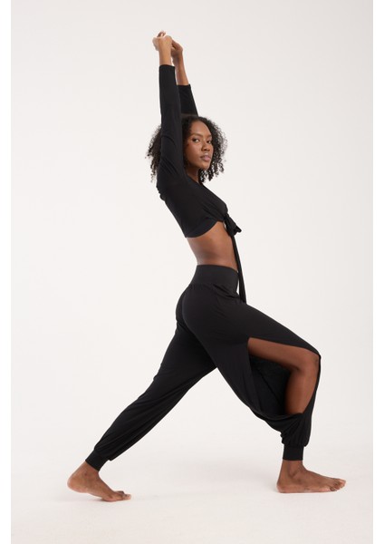 Siyah Viskon Beli Lastikli Yandan Yırtmaçlı Dökümlü Şalvar Pantolon Kadın Günlük Bohem Tarz (M) indirimleri