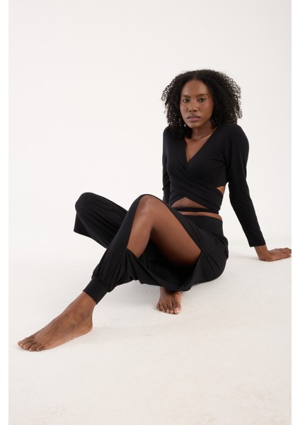 Siyah Viskon Beli Lastikli Yandan Yırtmaçlı Dökümlü Şalvar Pantolon Kadın Günlük Bohem Tarz (M)