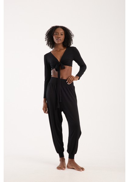 Siyah Viskon Beli Lastikli Yandan Yırtmaçlı Dökümlü Şalvar Pantolon Kadın Günlük Bohem Tarz (M)