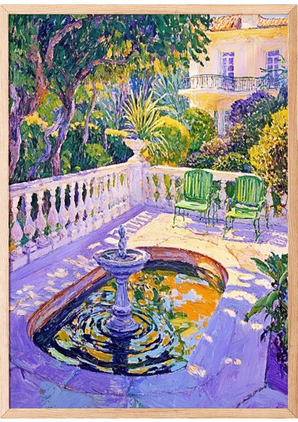 Ahşap Çerçeveli Tablo, Renkli Tropik Havuz ve Bahçe Manzarası, Salon Dekoru Poster No: 109240