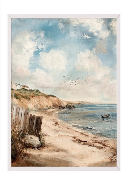 Beyaz Çerçeveli Tablo, Sahil Manzaralı Deniz ve Gökyüzü Tablosu, Salon Dekoru Poster No: 108946