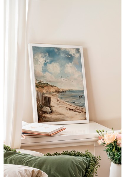 Beyaz Çerçeveli Tablo, Sahil Manzaralı Deniz ve Gökyüzü Tablosu, Salon Dekoru Poster No: 108946 fiyatları