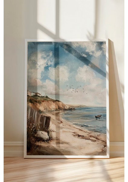 Beyaz Çerçeveli Tablo, Sahil Manzaralı Deniz ve Gökyüzü Tablosu, Salon Dekoru Poster No: 108946 modelleri