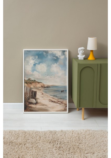 Beyaz Çerçeveli Tablo, Sahil Manzaralı Deniz ve Gökyüzü Tablosu, Salon Dekoru Poster No: 108946 fırsatları