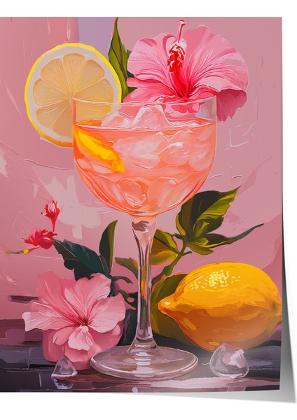 Çerçevesiz Poster, Pembe Arka Plan Limonlu Içecek Çizimi, Mutfak Dekoru Poster No: 113370