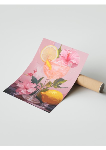 Çerçevesiz Poster, Pembe Arka Plan Limonlu Içecek Çizimi, Mutfak Dekoru Poster No: 113370 modelleri