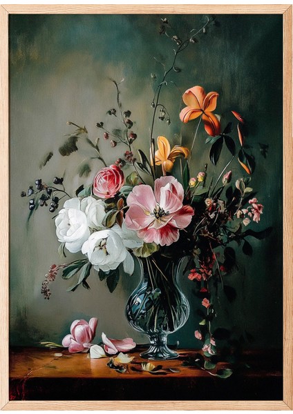 Ahşap Çerçeveli Tablo, Siyah Zemin Zarif Çiçek Deseni, Yatak Odası Dekoru Poster No: 108924