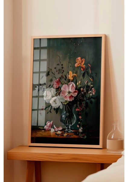 Ahşap Çerçeveli Tablo, Siyah Zemin Zarif Çiçek Deseni, Yatak Odası Dekoru Poster No: 108924 fiyatları