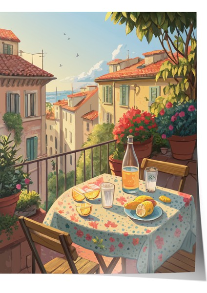 Çerçevesiz Poster, Toskana Tarzı Balkon ve Sokak Manzarası, Salon Dekoru Poster No: 113390