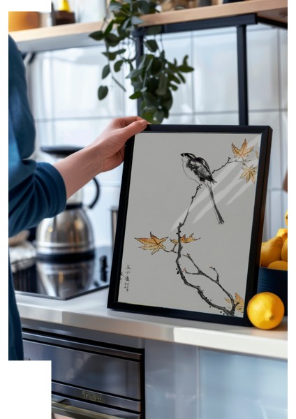 Siyah Çerçeveli Tablo, Dal Üzerinde Kuş Deseni, Salon Dekoru Poster No: 113483 modelleri