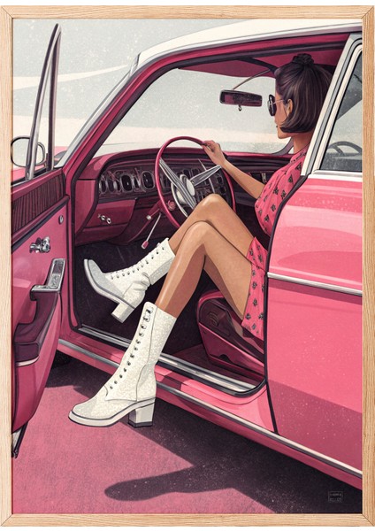 Ahşap Çerçeveli Tablo, Pembe Retro Araba ve Kadın, Genç Odası Dekoru Poster No: 113729