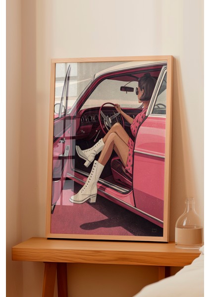 Ahşap Çerçeveli Tablo, Pembe Retro Araba ve Kadın, Genç Odası Dekoru Poster No: 113729 fiyatları