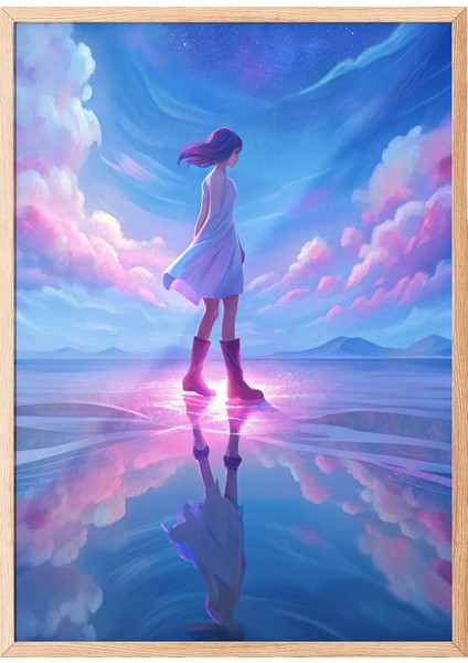 Ahşap Çerçeveli Tablo, Gökyüzünde Yürüyen Kız Dijital Tasarım, Genç Odası Dekoru Poster No: 113848