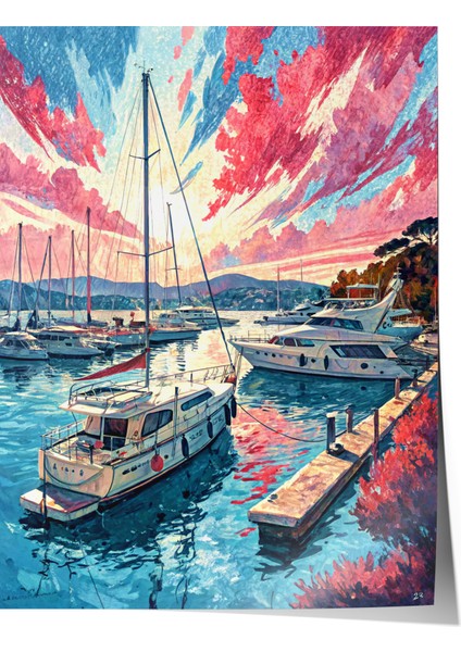 Çerçevesiz Poster, Renkli Gün Batımında Yat Limanı Manzarası, Salon Dekoru Poster No: 113851