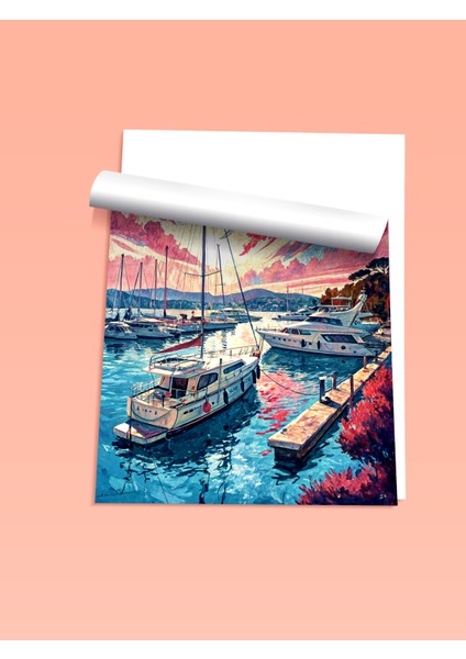 Çerçevesiz Poster, Renkli Gün Batımında Yat Limanı Manzarası, Salon Dekoru Poster No: 113851 fiyatları