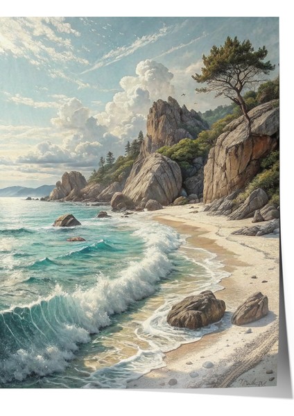 Çerçevesiz Poster, Dalgalar ve Kaya Sahil Manzarası, Salon Dekoru Poster No: 113833