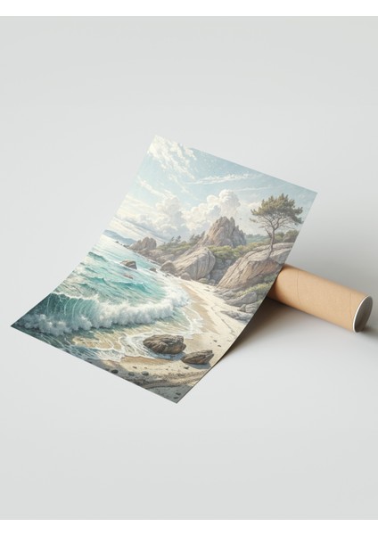 Çerçevesiz Poster, Dalgalar ve Kaya Sahil Manzarası, Salon Dekoru Poster No: 113833 modelleri