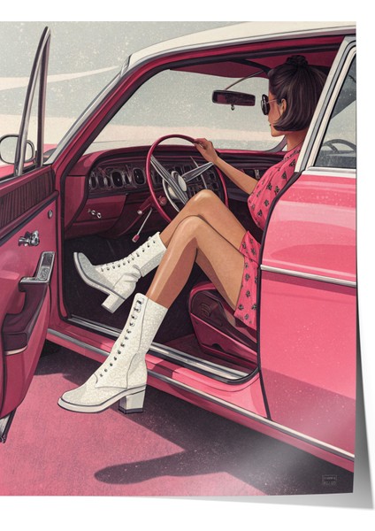 Çerçevesiz Poster, Pembe Retro Araba ve Kadın, Genç Odası Dekoru Poster No: 113729