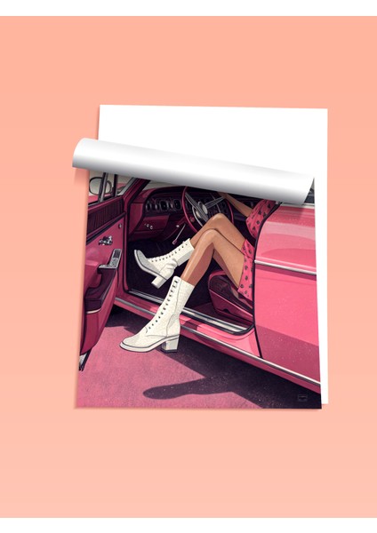 Çerçevesiz Poster, Pembe Retro Araba ve Kadın, Genç Odası Dekoru Poster No: 113729 fiyatları