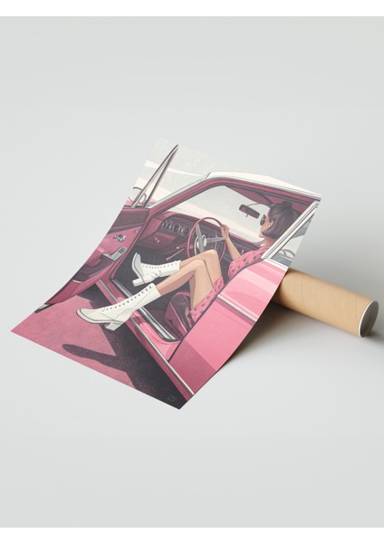 Çerçevesiz Poster, Pembe Retro Araba ve Kadın, Genç Odası Dekoru Poster No: 113729 modelleri