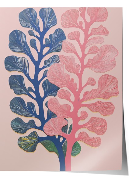 Çerçevesiz Poster, Pembe Mavi Yaprak Illüstrasyonu, Salon Dekoru Poster No: 113802
