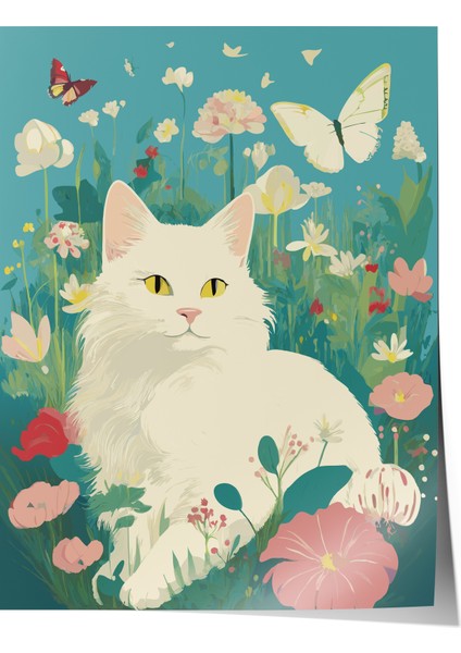 Çerçevesiz Poster, Sevimli Kedi Çiçekli Bahar, Çocuk Odası Dekoru Poster No: 114173