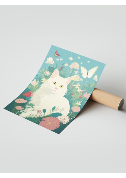 Çerçevesiz Poster, Sevimli Kedi Çiçekli Bahar, Çocuk Odası Dekoru Poster No: 114173 modelleri