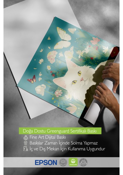 Çerçevesiz Poster, Sevimli Kedi Çiçekli Bahar, Çocuk Odası Dekoru Poster No: 114173