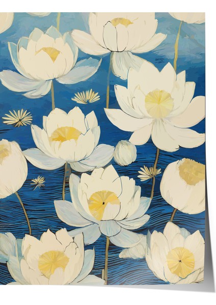 Çerçevesiz Poster, Lotus Çiçekleri Mavi Zemin Üzerinde, Salon Dekoru Poster No: 113339