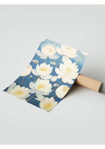 Çerçevesiz Poster, Lotus Çiçekleri Mavi Zemin Üzerinde, Salon Dekoru Poster No: 113339 modelleri