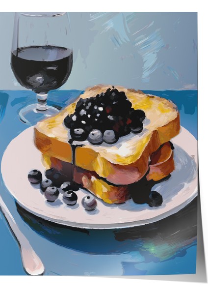 Çerçevesiz Poster, Yaban Mersinli Tatlı ve Şarap Sunumu, Mutfak Dekoru Poster No: 113331