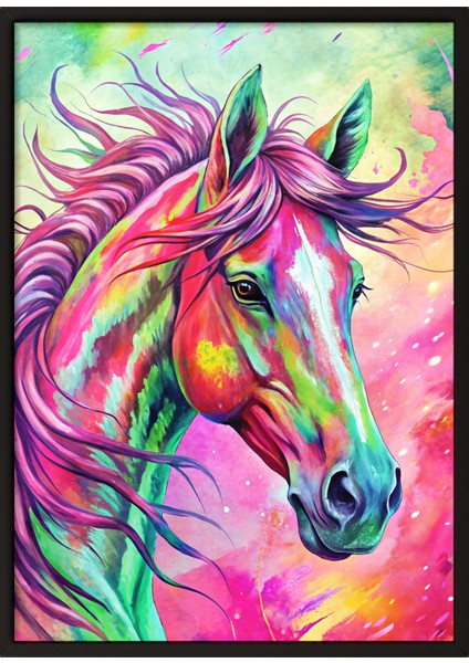 Siyah Çerçeveli Tablo, Renkli Soyut At Tasarımı, Genç Odası Dekoru Poster No: 113722