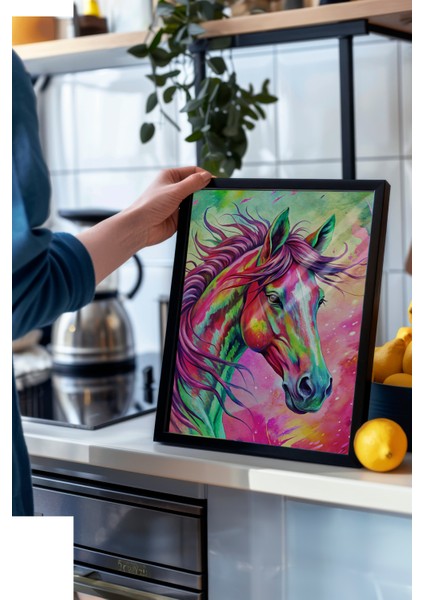 Siyah Çerçeveli Tablo, Renkli Soyut At Tasarımı, Genç Odası Dekoru Poster No: 113722 modelleri