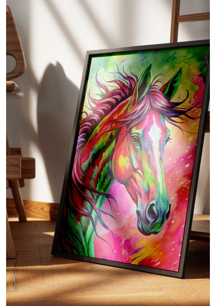 Siyah Çerçeveli Tablo, Renkli Soyut At Tasarımı, Genç Odası Dekoru Poster No: 113722 fırsatları