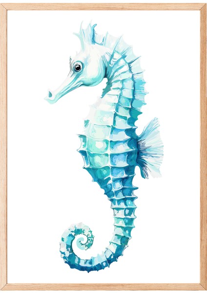 Ahşap Çerçeveli Tablo, Mavi Denizatı Çizimi, Banyo Dekoru Poster No: 113805
