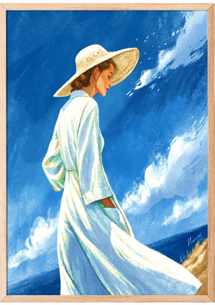 Ahşap Çerçeveli Tablo, Beyaz Elbiseli Kadın Deniz Kenarı Tablosu, Salon Dekoru Poster No: 113828