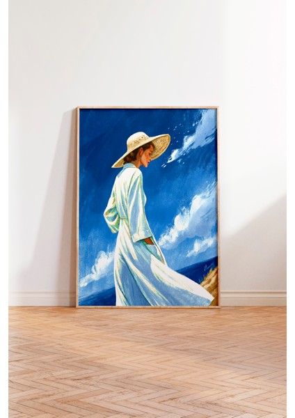 Ahşap Çerçeveli Tablo, Beyaz Elbiseli Kadın Deniz Kenarı Tablosu, Salon Dekoru Poster No: 113828 modelleri