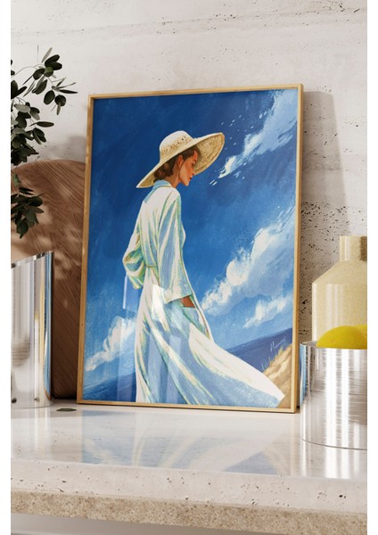 Ahşap Çerçeveli Tablo, Beyaz Elbiseli Kadın Deniz Kenarı Tablosu, Salon Dekoru Poster No: 113828 fırsatları