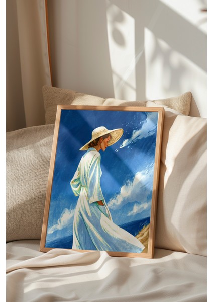 Ahşap Çerçeveli Tablo, Beyaz Elbiseli Kadın Deniz Kenarı Tablosu, Salon Dekoru Poster No: 113828 indirimleri