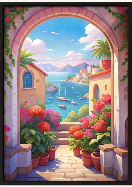 Siyah Çerçeveli Tablo, Akdeniz Manzaralı Çiçekli Sokak, Salon Dekoru Poster No: 113858