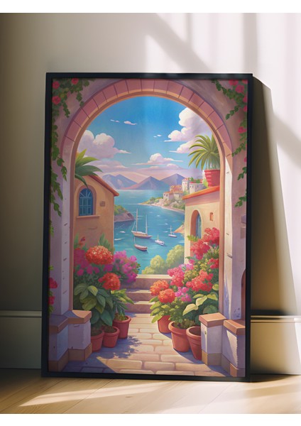Siyah Çerçeveli Tablo, Akdeniz Manzaralı Çiçekli Sokak, Salon Dekoru Poster No: 113858 fiyatları