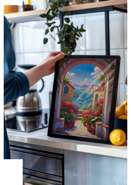 Siyah Çerçeveli Tablo, Akdeniz Manzaralı Çiçekli Sokak, Salon Dekoru Poster No: 113858 modelleri