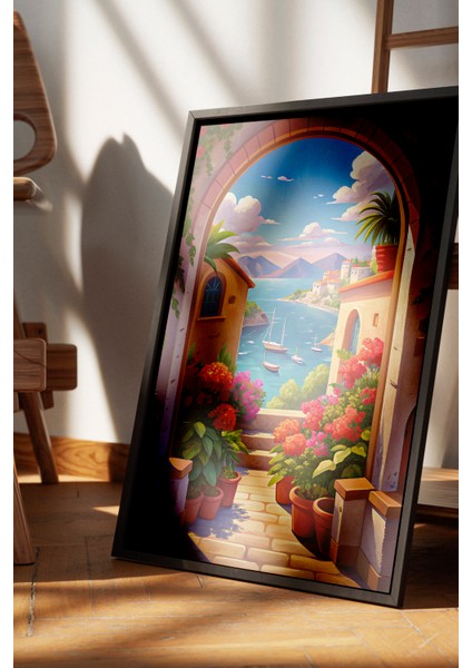 Siyah Çerçeveli Tablo, Akdeniz Manzaralı Çiçekli Sokak, Salon Dekoru Poster No: 113858 fırsatları
