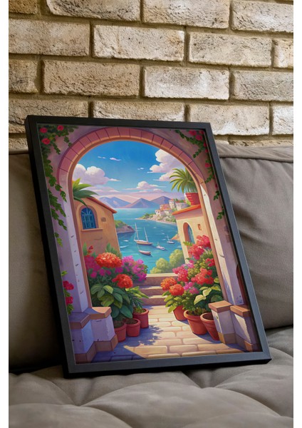 Siyah Çerçeveli Tablo, Akdeniz Manzaralı Çiçekli Sokak, Salon Dekoru Poster No: 113858 indirimleri