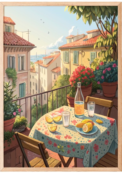 Ahşap Çerçeveli Tablo, Toskana Tarzı Balkon ve Sokak Manzarası, Salon Dekoru Poster No: 113390
